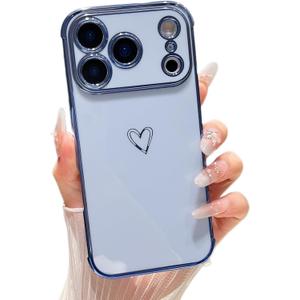 ZTOFERA Designed for iPhone 17 Pro Case 6.3 inch,Cute Plating Edge Love Hearts Pattern with Camera Lens Protection Phone Cover for Girls Women,Blue