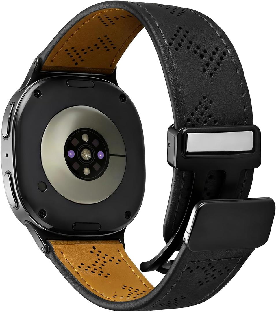 Genuine Leather Watch 8 Band for Men Compatible with Samsung Galaxy Watch 8 40mm 44mm/ 8 Classic 46mm, Magnetic Buckle Design Breathable Adjustable Wristbands Replacement Strap (A2-Black)