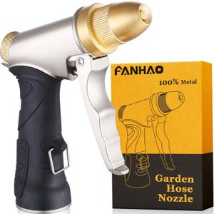 FANHAO Garden Hose Nozzle, 100% Heavy Duty Metal Spray Nozzle High Pressure Water Nozzle with 4 Patterns for Watering Garden, Washing Cars and Showering Pets - Full Brass Nozzle & Non-Slip Grip