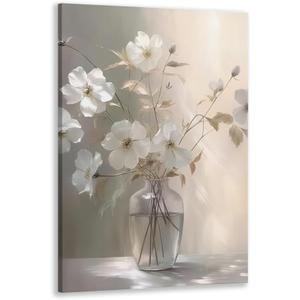 WLCXDZVR Bathroom Wall Decor Flower Pictures Wall Art White Floral Canvas Painting on Vase for Modern Minimalist Bathroom Home Decor 20x30in Framed, style-3