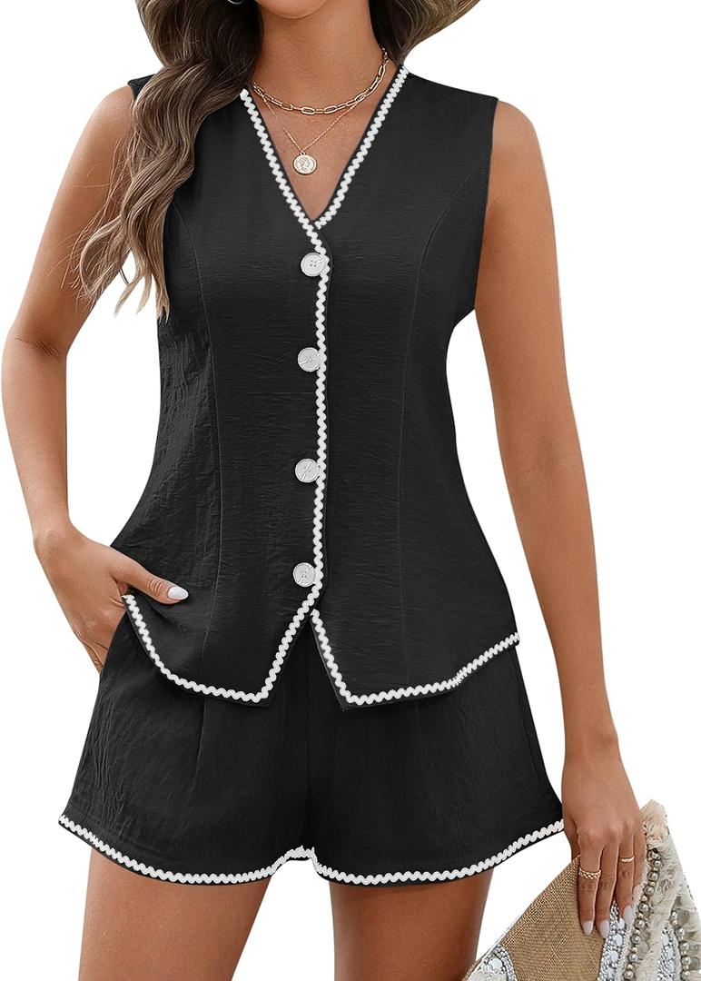 BMJL Womens Linen Two Piece Sets Summer Vacation Outfits Button Down Resort Wear 2025 Shorts Matching Sets (Black, XL)
