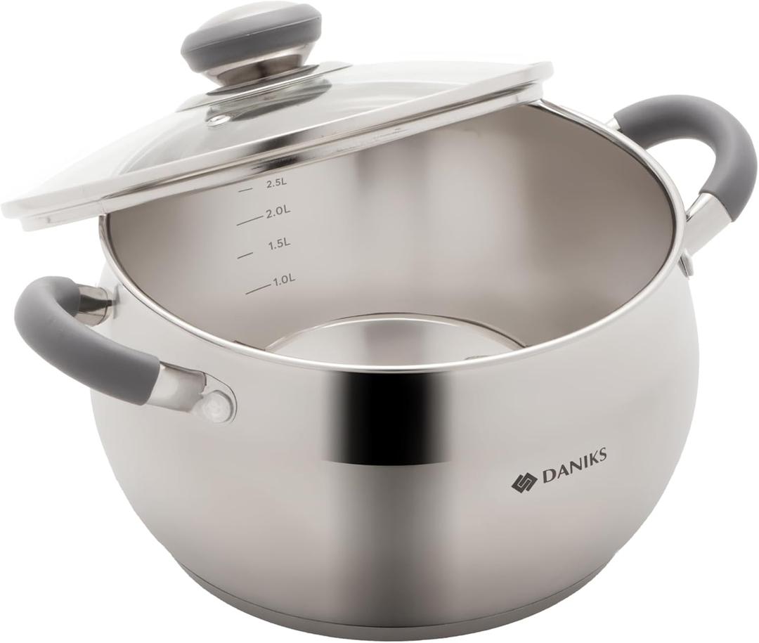 Daniks Modern 3 Quart Stainless Steel Stock Pot with Glass Lid, Tri-Ply Bottom for Even Heating, Induction Compatible, Dishwasher Safe, Heatproof Handles