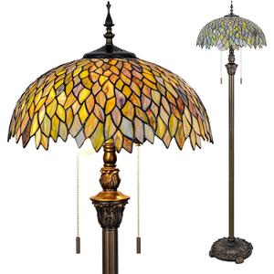 Tiffany Floor Lamp Green Wisteria Style Stained Glass Standing Reading Light 16x16x64 Inch Retro Inspired Pole Corner Lighting Art Decor for Bedroom Living Room Home Office (Green Leaves)