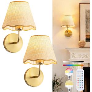 Wireless Battery Operated Wall Sconces Set of 2, Rechargeable 5000mAh Rattan Shade Wall Light with Remote, Gold Wall Lamp for Bedroom, Living Room, Hallway (Straight Arm)