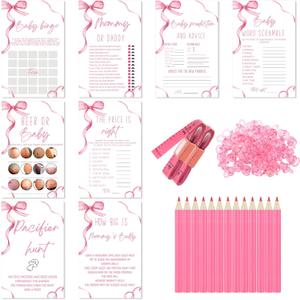 Honoson 279 Pcs Pink Bow Games Set for 50 Guest, 8 Games Include Guess Mommy or Daddy, Word Scramble, How Big is Mommys Belly, Pacifier Hunt and More Fun and Easy to Play