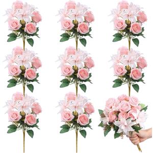 Riceshoot 8 Bundles Pink Artificial Lily Rose Flowers Wedding Flower Bouquet Realistic Silk Flowers Faux Lily and Rose for Wedding Centerpieces Flower Arrangement Home Decor