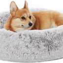 Bedfolks Calming Donut Dog Bed, 30 Inches Round Fluffy Dog Beds for Medium Dogs, Anti-Anxiety Plush Dog Bed, Machine Washable Pet Bed (Light Grey, Medium)