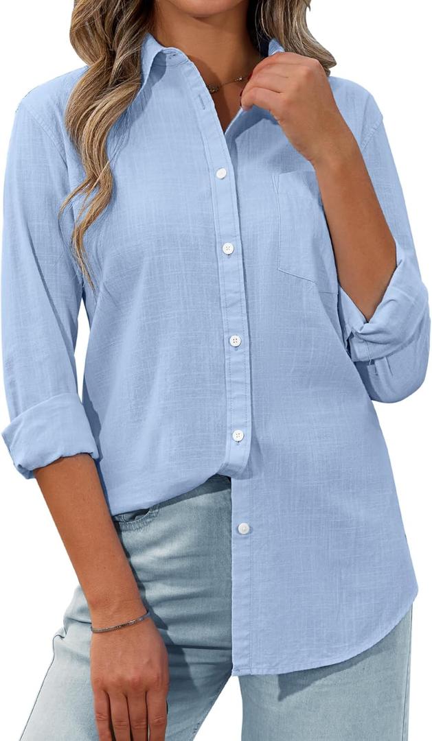 siliteelon Womens Button Down Shirt Linen Button Up Shirts for Women Long Sleeve Summer Shirt Collared Blouse Linen Tops (Medium, All Blue)