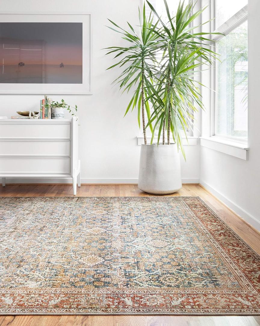 Loloi Layla Collection LAY-04 Ocean/Rust 9" x 12" .13" Thick Area Rug, Soft, Durable, Vintage Inspired, Distressed, Low Pile, Non-Shedding, Easy Clean, Printed, Living Room Rug
