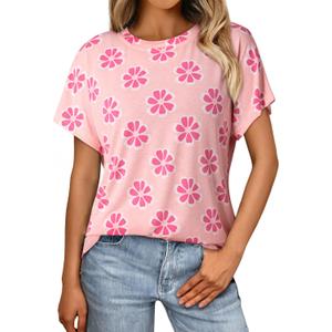 Dokotoo Womens Tops Crewneck Floral Print Short Sleeve Summer T Shirts for Women Casual Loose Fit Blouses (Pink, S)