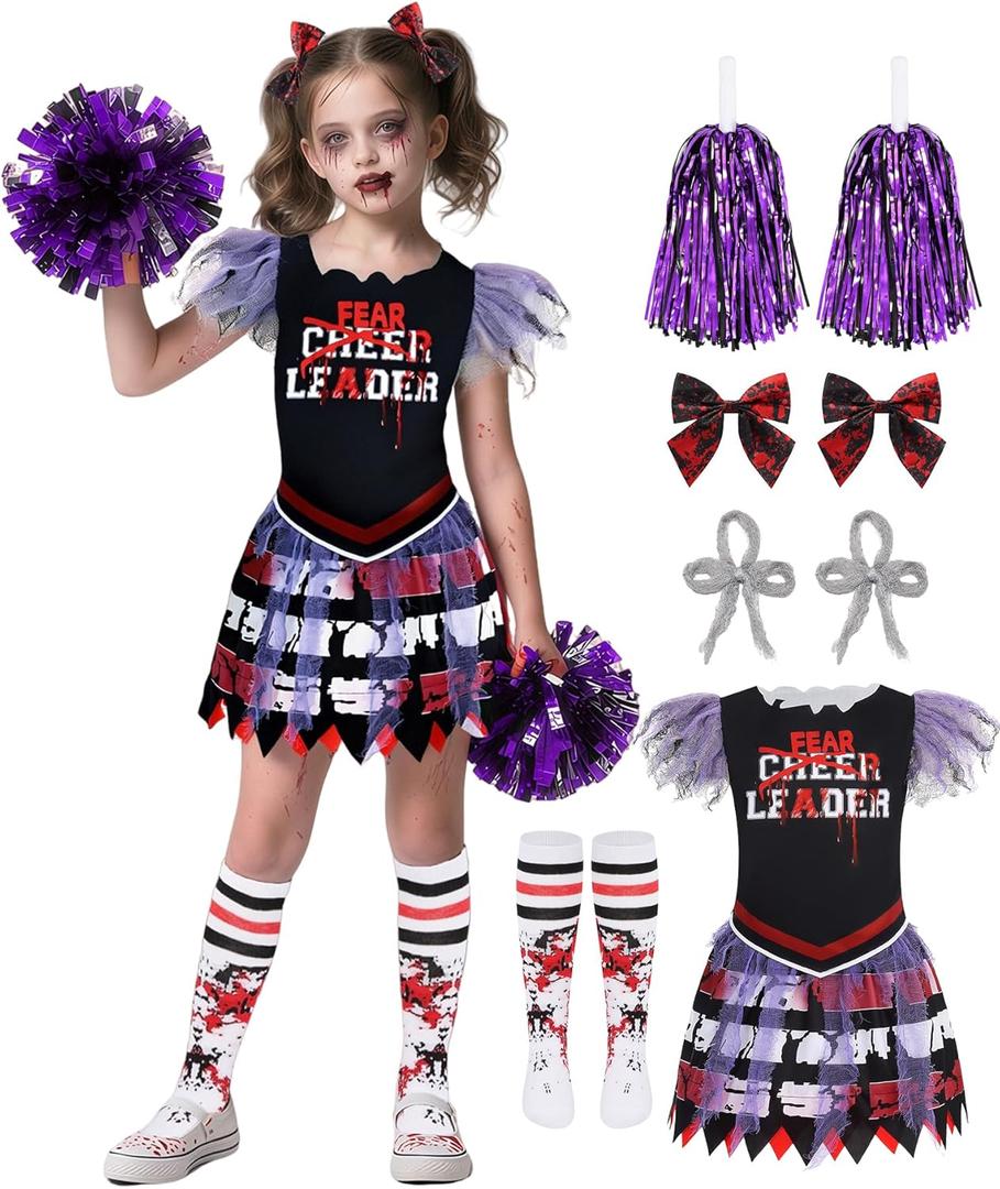 IBQ Kids Zombie Cheerleader Costume Girls Scary Halloween Costumes for Zombie Fearleader Costume (150 (11-12 Years), Purple)