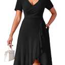 MarryUP Casual Black Formal Wedding Guest Dress for Women 2026 Summer Short Sleeve V Neck Tiered Belted Ruffle Hem Dress Midi Dress with Pockets Black 3XL