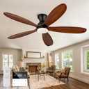 52 Inch Flush Mount Ceiling Fans with Lights, Remote, Dimmable, Power-Off Memory, Quiet DC Motor,5 Blades Wood Ceiling Fan with Light, Low Profile Outdoor/Indoor Hugger Ceiling Fan for Patio