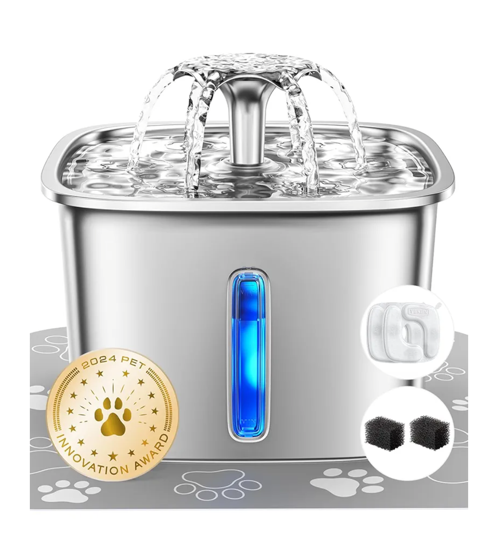 Veken Innovation Award Winner Stainless Steel Cat Water Fountain, 95oz/2.8L Automatic Pet Fountain Dog Water Dispenser with Replacement Filters & Silicone Mat for Cats, Dogs, Multiple Pets (Silver)