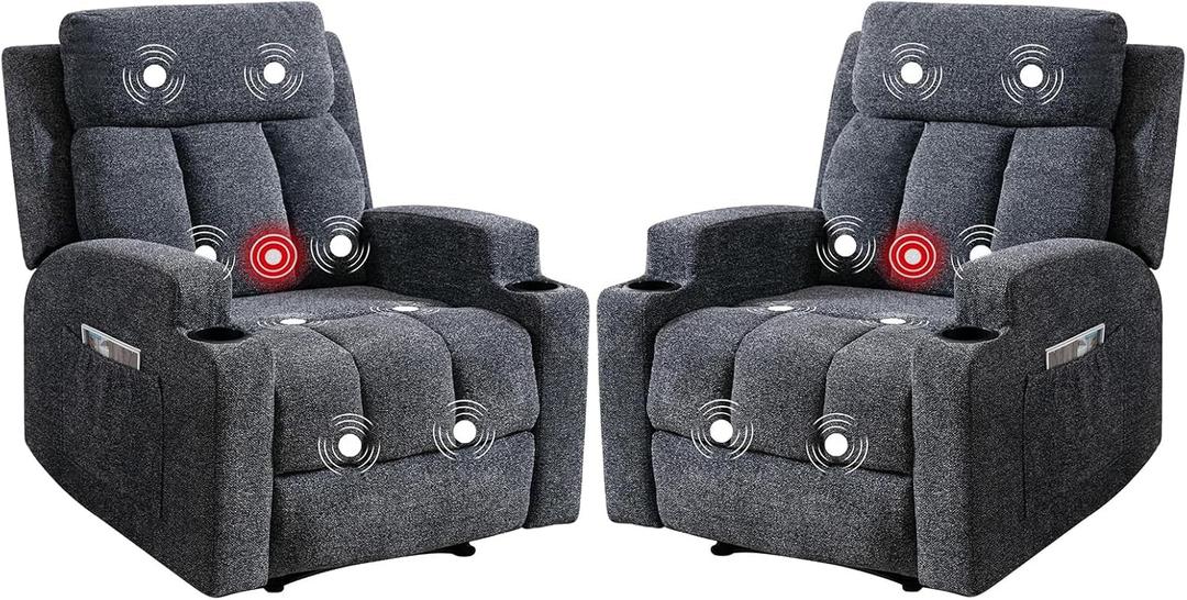 Phoenix Home Manual Recliner Chair Set of 2 with Massage and Heat, Ergonomic Overstuffed Breathable Fabric Recliner Single Sofa with 2 Cup Holders, Living Room Lounge Recliners on Clearance, Dark Gray