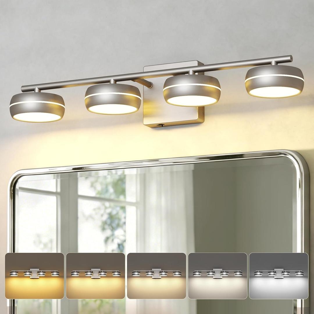 Vanity Light Fixture, 24.4 Inch 4-Light Bathroom Vanity Lighting with Brushed Nickel Finish, 5CCT Adjustable Wall Light, Dimmable Hardwired Vanity Fixture for Mirror Bathroom Guest Bath, 24.4 Inch Long