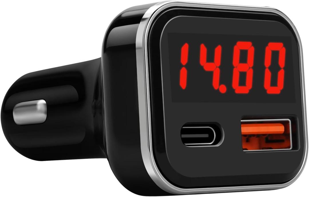 USB C Car Charger Adapter with Volt Meter, 30W Cigarette Lighter Adapter with Voltmeter, Type C Car Charger Fast Charging 12V, PD & QC 3.0 Compatible with iPhone 15 Pro Max, Samsung Galaxy S24