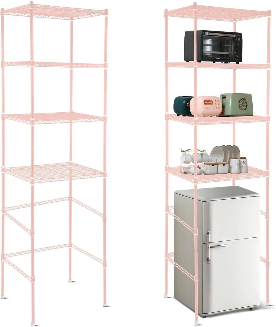 Huwena 4 Tier Over Mini Fridge Stand Metal Storage Shelf for Dorm,Pink