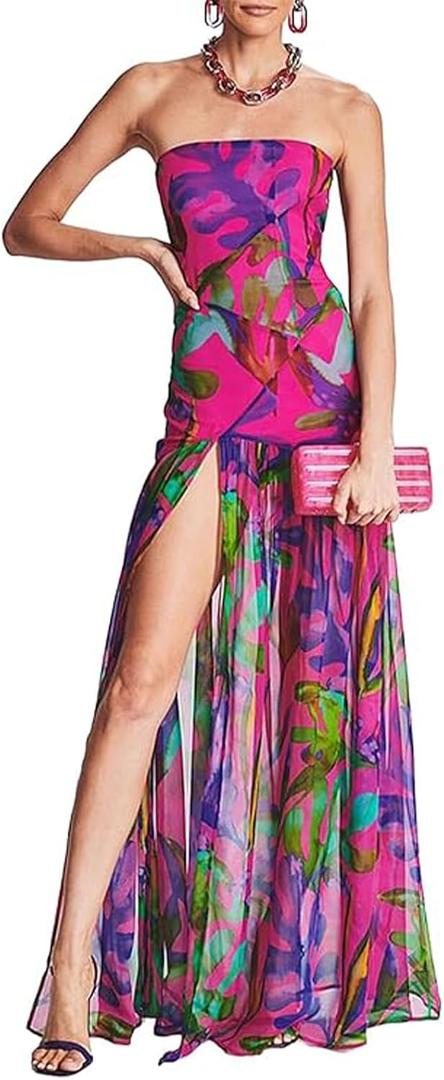 Women Tube Top Dress Tiger Stripe Mesh Patchwork Maxi Dress Strapless Sexy High Slit Long Dresses Beach Vacation (Medium, Purple)