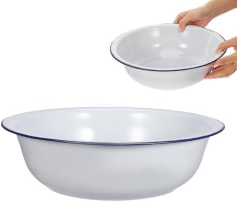 FOMIYES Vintage Enamel Foot Soaking Basin, Retro Foot Bath Soak Tub for Spa Pedicures, Multi-Purpose Wash Basin for Feet, Face, Laundry, and More, 11.81 X 11.81 X 3.54 Inches, White with Blue Rim