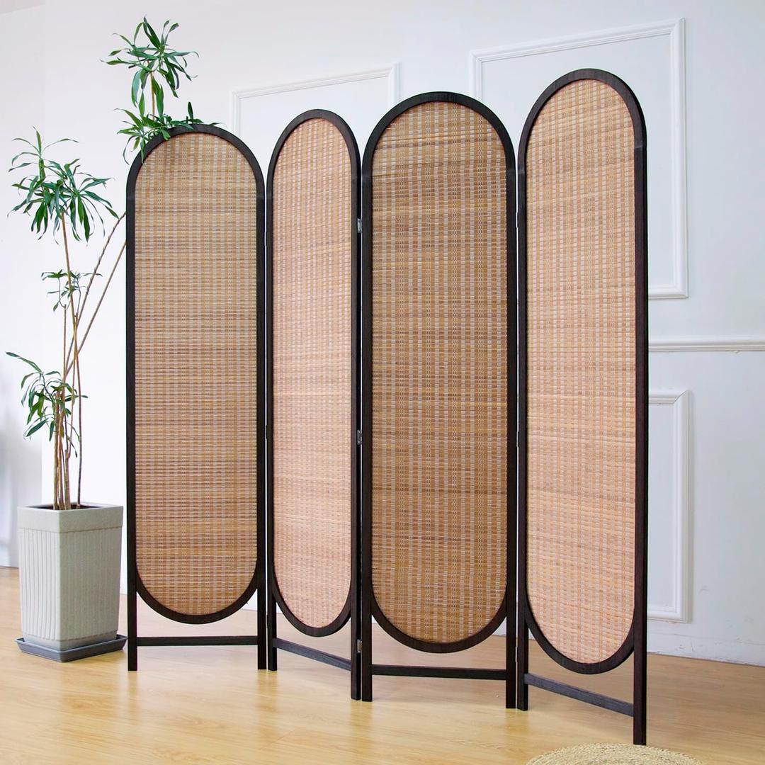 4 Panel Room Divider Screen and Folding Panel Divider in Arch Shape,Double Sided Bamboo Panel Screen for Room Separation,Brown,70.9" H x 70.9" W
