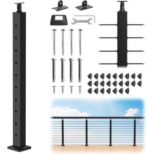 CKE 36" Cable Railing Post(Post 35"x2"x2"), Adjustable Top Level Drilled Cable Railing Post, Matte Black T304 Stainless Steel Level Drilled Railing Line Handrail Post for Indoor Outdoor, LP01
