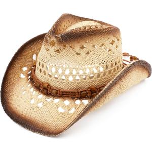 Men Women Cowgirl Straw Western Cowboy Hat (One Size, Brown Bead-beige)