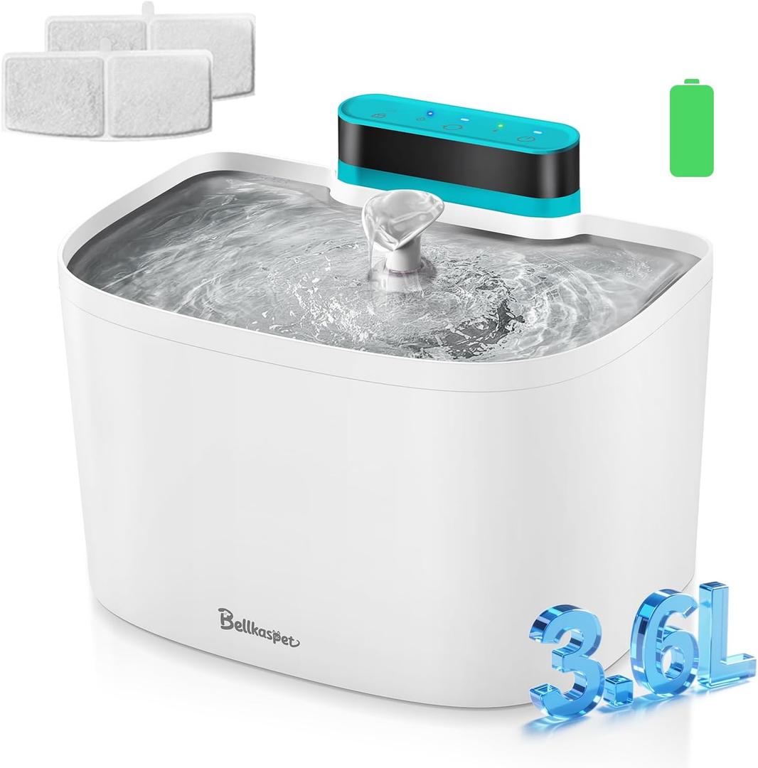 Cat Water Fountain, App Control Wireless Cat Fountain, 122oz/3.6L Pumpless Water Fountains for Cats Indoor with Stainless Steel Tray, WiFi Dog and Pet Water Fountain (White, Fountain+2 Fliters)
