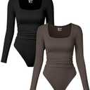 OQQ Womens 2 Piece Bodysuits Long Sleeve Square Neck Ruched Stretch Fitted Bodysuits.XL