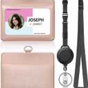 Uniclife Horizontal Rose Gold Leather ID Badge Holder and Retractable Adjustable Lanyard Breakaway Neck Lanyard with Retractable Badge Reel Quick-Release Buckle and Card Protector