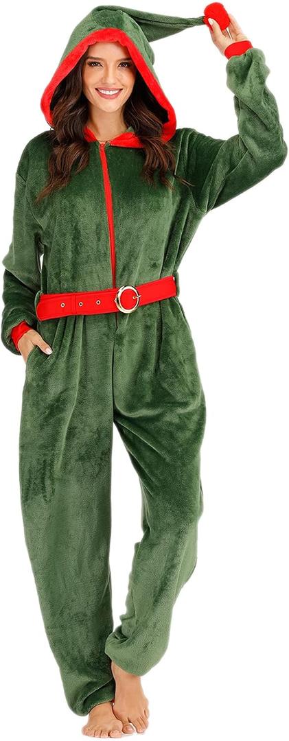 FantastCostumes Women's Fleece Christmas Elf Costume Pajamas Onesie for Adult (Dark Green), S