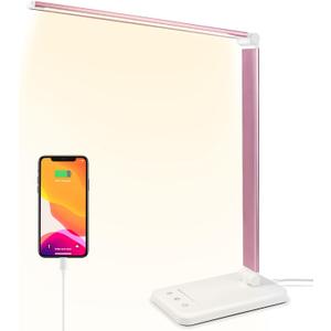 Led Desk Lamp, Desk Lamp with USB Charging Port, 5 Color Modes, 10 Brightness, Natural Light, Eye Caring Reading Lamp, Desk Light for Home Office, Table Lamp, Touch Control, Auto-Timer, Pink