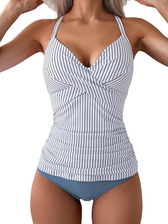 B2prity Women's Ruched Tankini Swimsuits V Neck Wrap Tie Back Two Pieces Bathing Suit Tummy Control Swimwear M