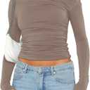 Darong Women's Casual Long Sleeve Boat Neck Off Shoulder Slim Fit Crop Top Going Out Blouses Y2K Tight Shirts (Khaki), S
