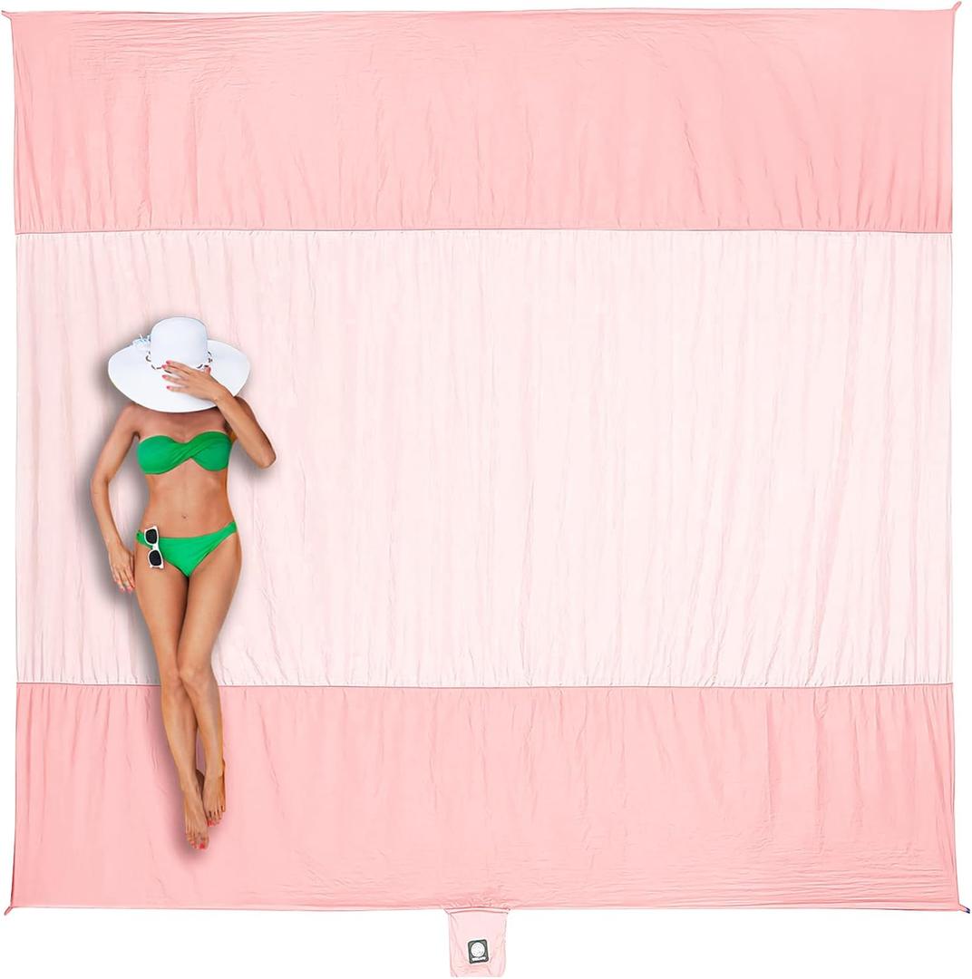 WEKAPO Beach Blanket Sandproof Waterproof, Extra Large Beach Mat, Oversized & Compact Sand Free Mat Quick Drying, Lightweight & Durable with Stakes & Corner Pockets (7x7 FT (13 person), Pink)