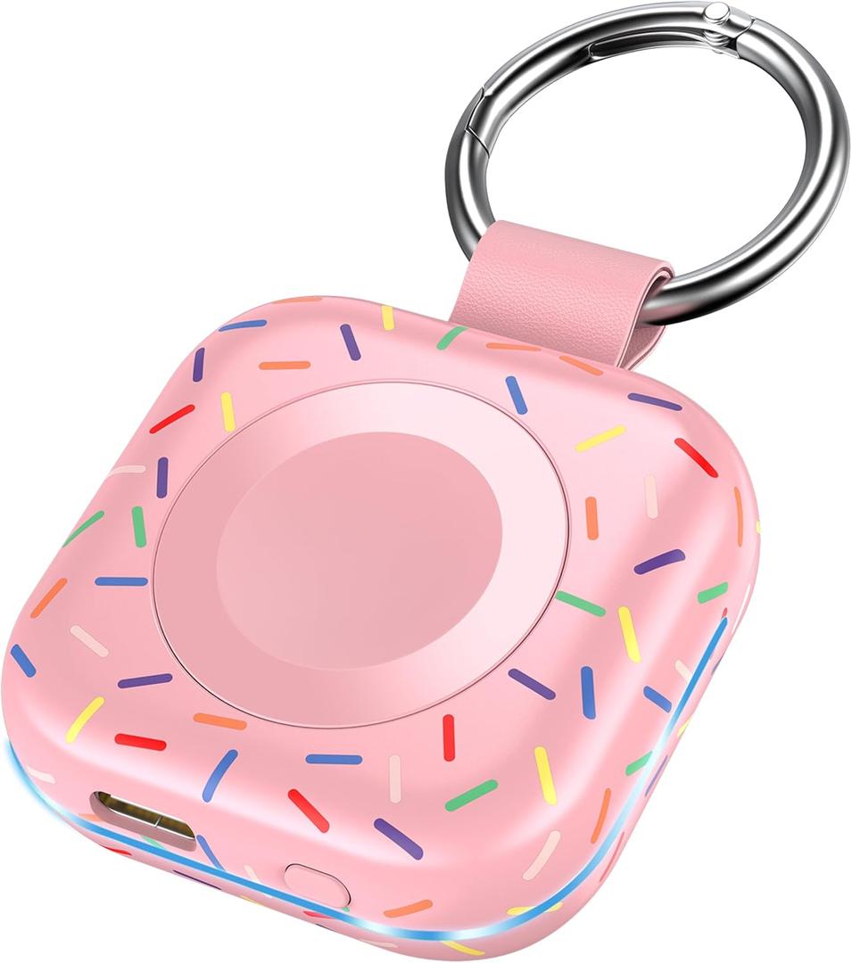 Portable Wireless Charger for Apple Watch 9,1200mAh Fast Charging iWatch Charger Keychain,Magnetic Wireless Travel Power Bank for Apple Watch Series11/ 10/9/8/7/6/SE/5/4/3/2/1/Ultra, Festival Gift (Colorful Rose Red)