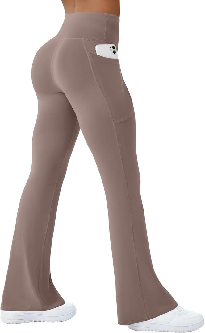 Womens Yoga Pants with Pockets High Waisted Flare Leggings Bell Bottom Yoga Dress Pants Seamless Bootcut Pants (Small, Taupe)