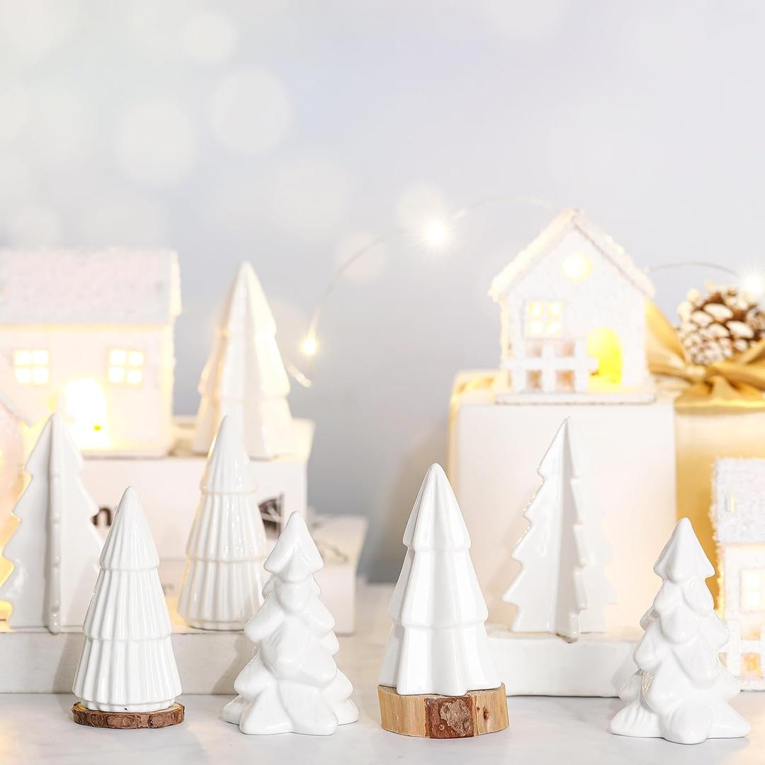 Nuenen 8 Pcs Ceramic Christmas Tree Porcelain Christmas Tree Winter Christmas Trees Mini Stoneware Trees for Mantle Vintage Table Shelf Living Room Bedroom Cabinets Office Desktop(Classic) (White)