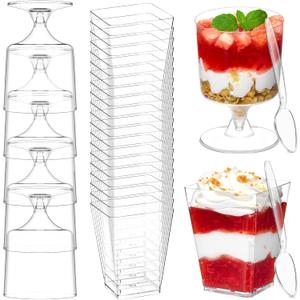 100 Pack Square and Goblet Plastic Dessert Cups with Spoons, Mini Parfait Cups Dessert Shooter Cups for Party Serving Banana Pudding, Yogurt, Fruit, Jello, Appetizer (5 oz)