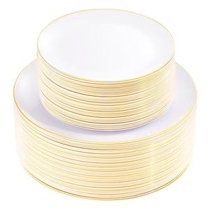 KIRE 100PCS Disposable Plates - White with Gold Rim for Easter/Wedding/Spring Party- Includes 50Pieces 10.25inch Dinner and 50Pieces 7.5inch Dessert/Salad Plates