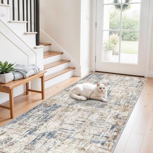 3x8 Washable Non-Slip Runner Rug Modern Abstract Neutral Wide Carpet Runner for Kitchen, Hallway, Entryway, Bathroom, Bedroom Low-Pile Thin Floor Mat (Blue Brown)
