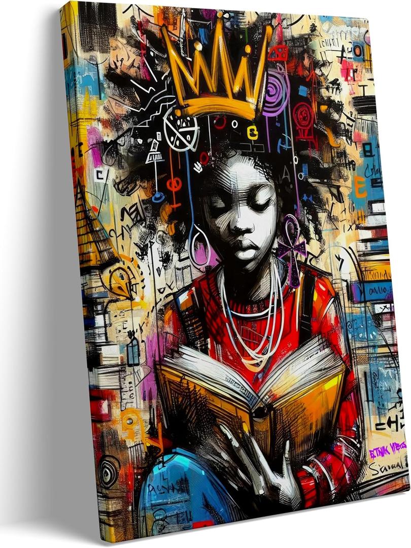 YKSKQCMT Black Girl Reading Wall Art Graffiti Girl Books Motivational Wall Decor Black Pride Pictures African American Girls Books Canvas Posters for Tween Girls Room Study Reading Room (24L"16W")