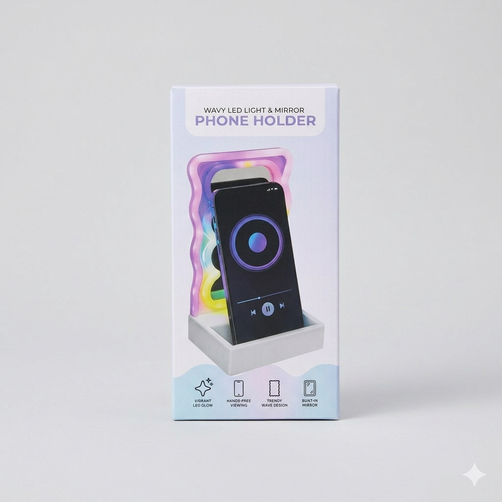 Orbit Wavy LED Light and Mirror Phone Holder is a multifunctional phone stand featuring a vibrant LED glow, a built-in mirror, and a trendy wave design for hands-free viewing