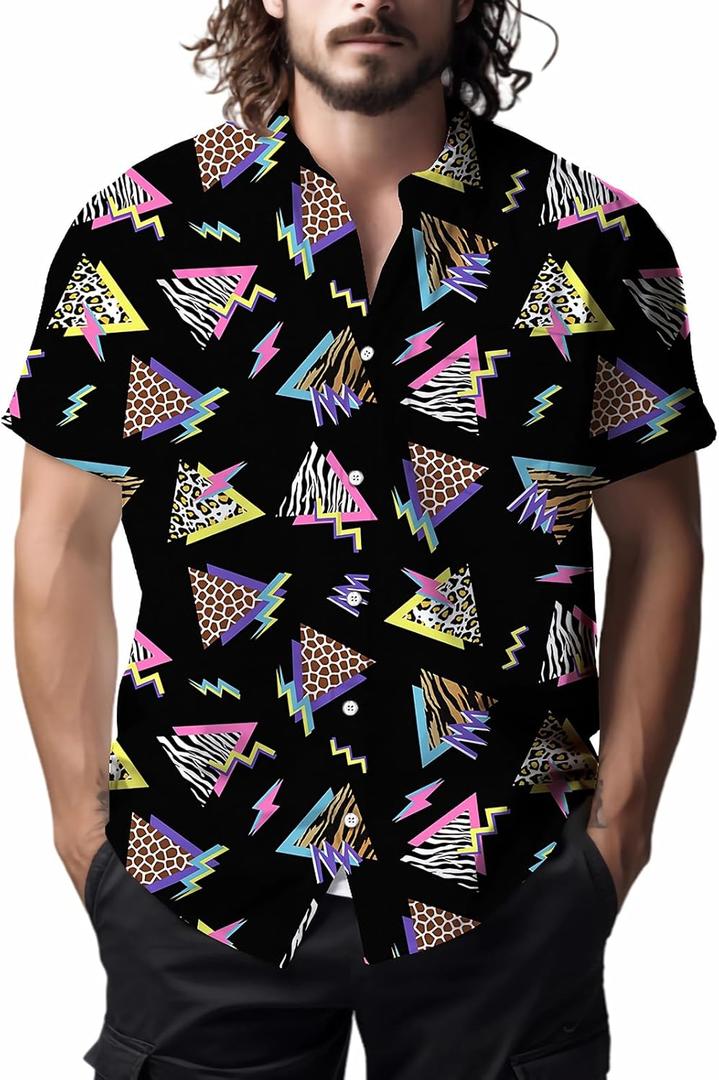 Mens Shirts 80s 90s Shirts for Men Casual Button Down Short Sleeve Shirt, Funny Party Quick Dry Men's Clothing (Large, Black)