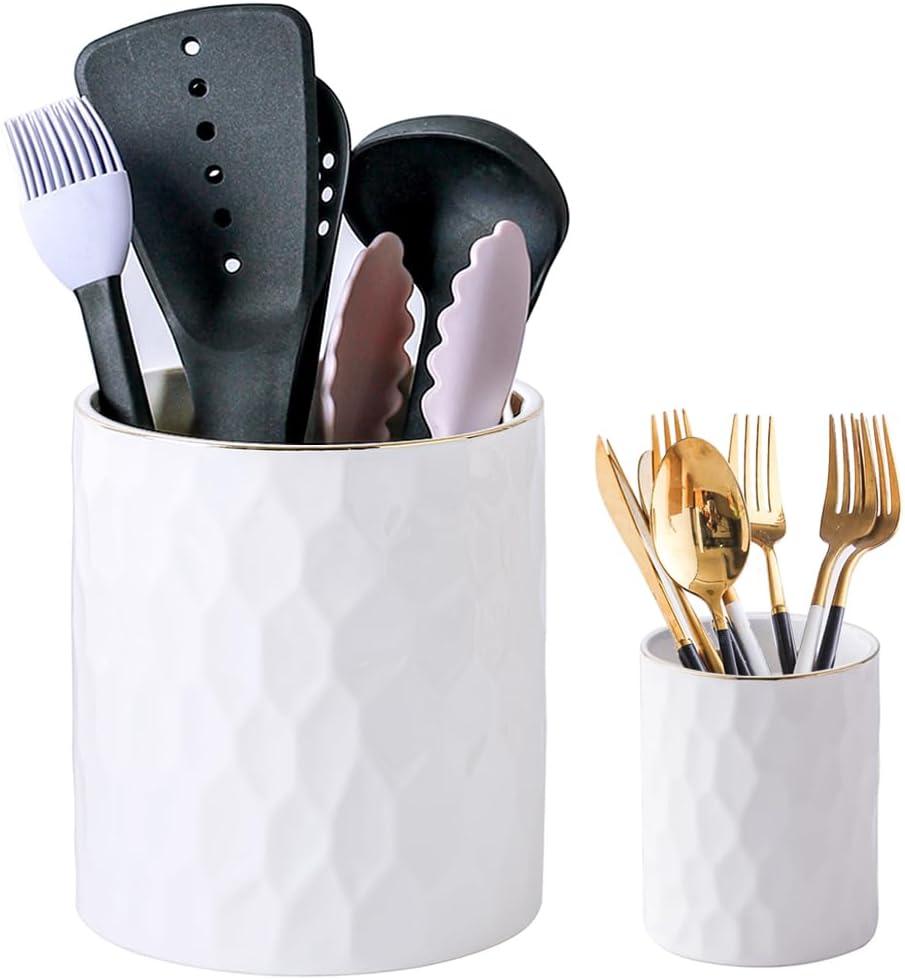 Kitchen Utensil Holder, 7.2"+4" Ceramic Cooking Utensil Holder for Countertop, Large Utensil Crocks for Kitchen Counter, Morden Utensil Organizer for Spatula,Sliverware, Set of 2 (White)