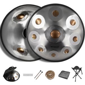 New Upgrad Dual-Faced Scale 12-Notes Handpan Drum, Handpan Drums for Adults, 440Hz D Minor Kurd Handpan, 10-Note Scale on Top, 2-Note Scale on Bottom, Beginner Handpan Drum (Gold Eye, 22 Inch)