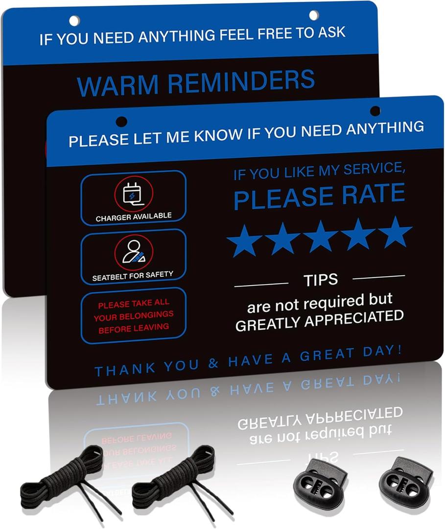 2Pack Rideshare Car Sign, Double-Sided Waterproof and UV-Protected Tips Rating Appreciated Rideshare Headrest Hanger Sign, Accessory for Rideshare Drivers 9''x6''
