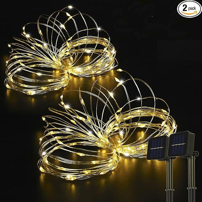 BEEWIN 2 Pack 33ft 100 LED Solar Copper String Lights,8 Modes Christmas Fairy Lights Waterproof IP65 Twinkle Lighting Indoor Outdoor Fairy Firefly Light Auto ON/Off (Warm White)