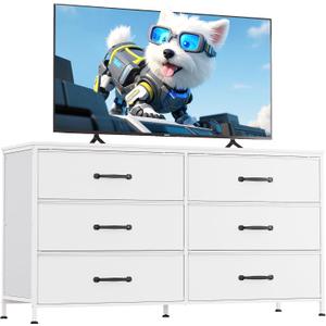 WLIVE Wide Fabric Dresser, 6 Drawer Dresser TV Stand for 60" TV, Dressers Bedroom Furniture Large Storage Tower Unit with Fabric Bins, White Dresser for Bedroom, Closet, Hallway, White