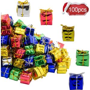 100 Pcs Christmas Shiny Mini Boxes Ornaments, Assorted Colors Metallic Foil Wrapped Ornaments Decoration Boxes for Christmas Tree Hanging Decorations